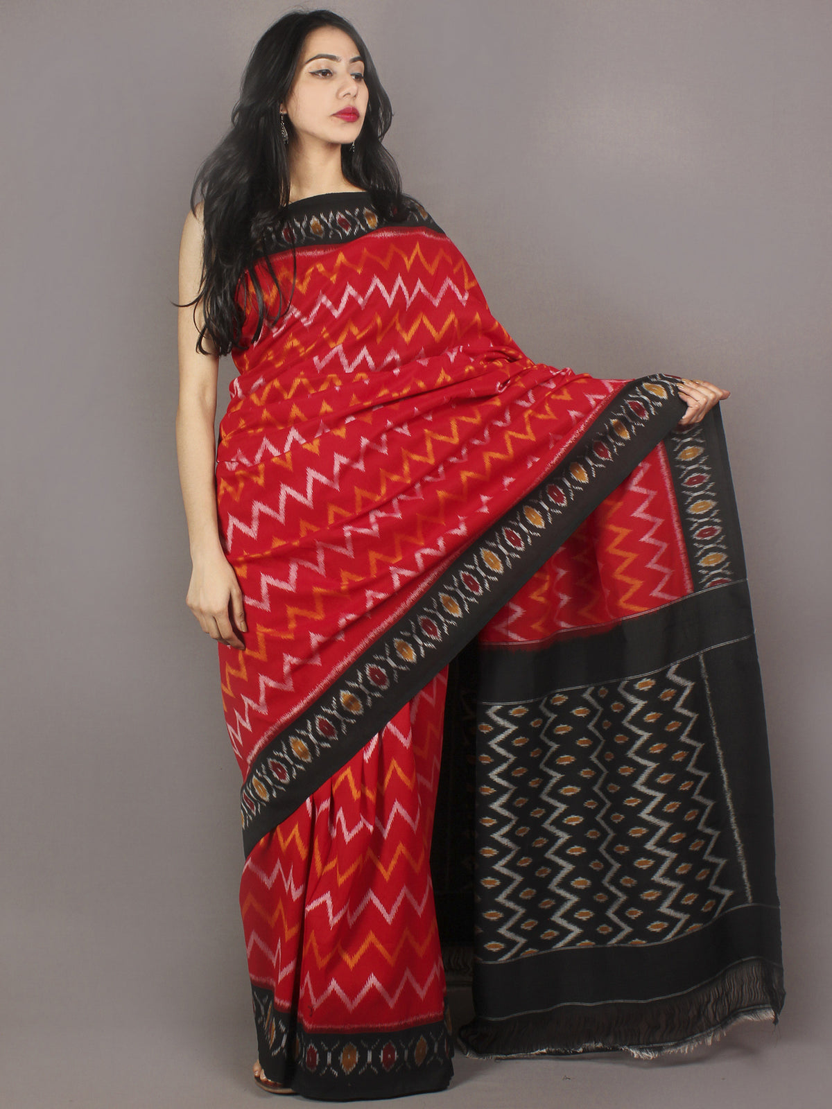 Red Black Ivory Yellow Ikat Handwoven Pochampally Cotton Saree - S031701075