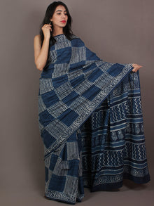 Indigo Ivory Hand Block Printed in Natural Colors Cotton Mul Saree - S031701080