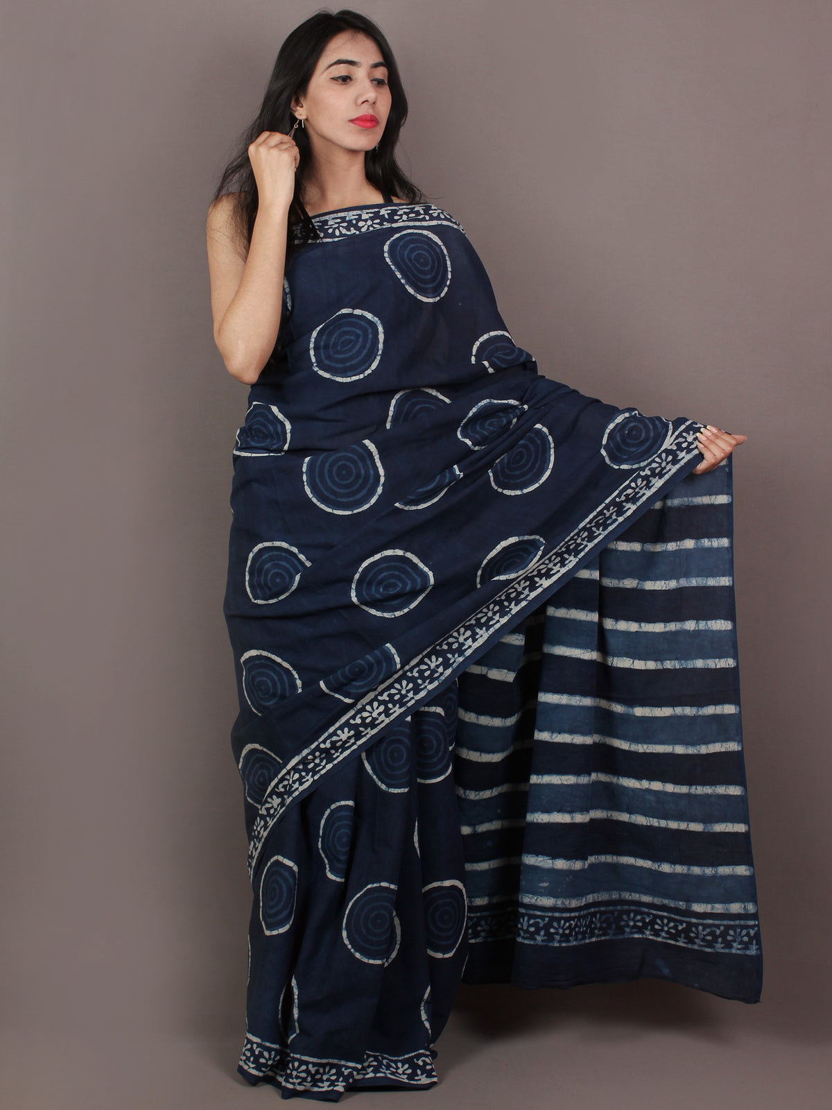 Indigo Ivory Hand Block Printed in Natural Colors Cotton Mul Saree - S031701082
