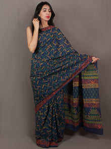 Blue Green Yellow Hand Block Printed in Natural Colors Cotton Mul Saree - S031701084