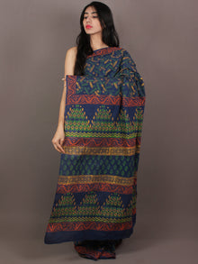 Blue Green Yellow Hand Block Printed in Natural Colors Cotton Mul Saree - S031701084