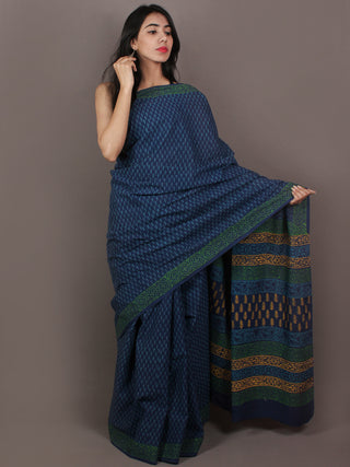 Blue Green Yellow Hand Block Printed in Natural Colors Cotton Mul Saree - S031701085