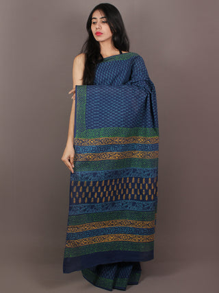 Blue Green Yellow Hand Block Printed in Natural Colors Cotton Mul Saree - S031701085