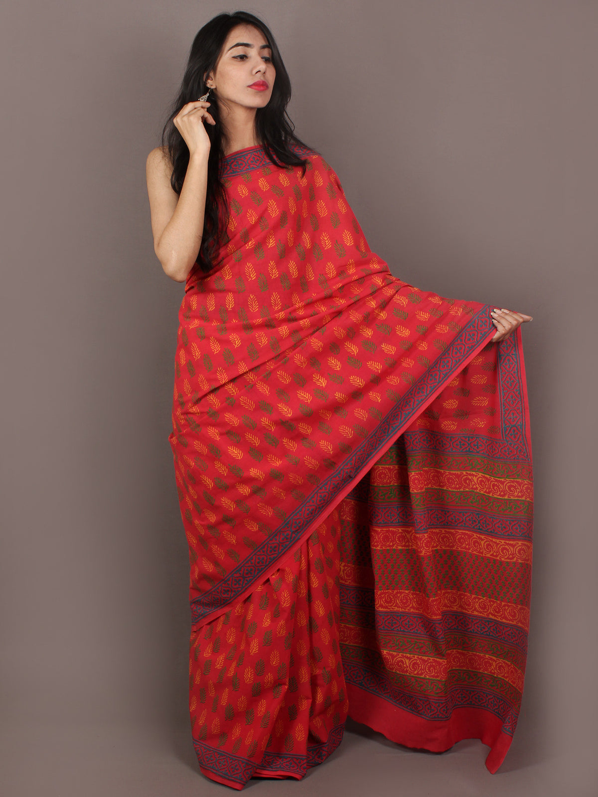 Crimson Red Yellow Green Hand Block Printed in Natural Colors Cotton Mul Saree - S031701086