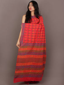 Crimson Red Yellow Green Hand Block Printed in Natural Colors Cotton Mul Saree - S031701086