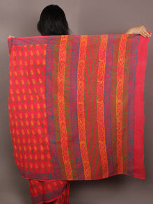 Crimson Red Yellow Green Hand Block Printed in Natural Colors Cotton Mul Saree - S031701086