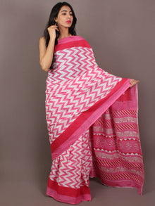 Pink Ivory Red Hand Block Printed in Natural Colors Cotton Mul Saree - S031701087