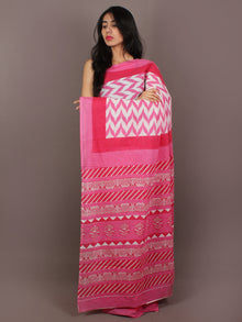 Pink Ivory Red Hand Block Printed in Natural Colors Cotton Mul Saree - S031701087