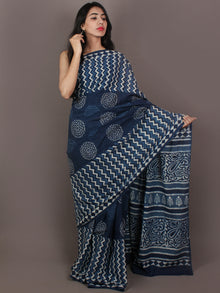 Indigo Ivory Hand Block Printed in Natural Colors Cotton Mul Saree - S031701088