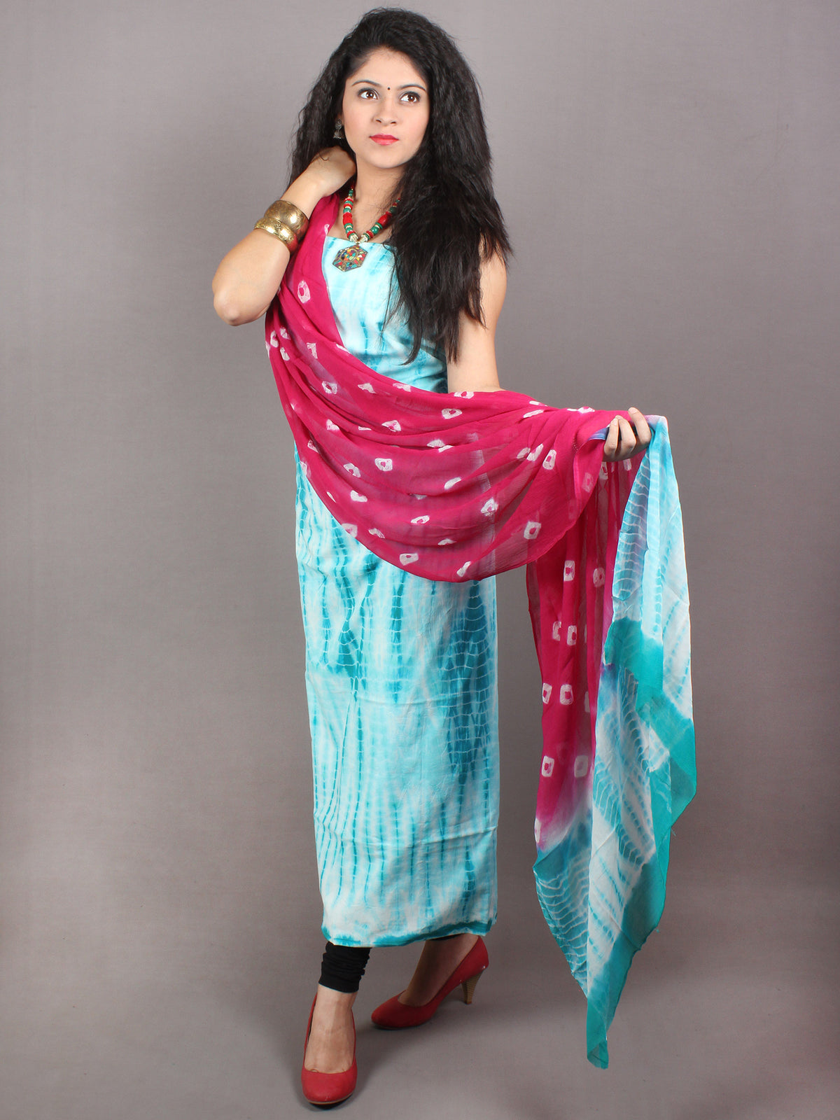 White Sky Blue Hand Shibori Dyed Cotton Suit-Salwar Fabric With Chiffon Dupatta - S1628109