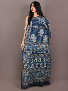 Indigo Ivory Blue Hand Block Printed in Natural Colors Chanderi Saree - S031701090
