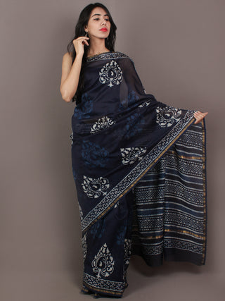 Indigo Ivory Blue Hand Block Printed in Natural Colors Chanderi Saree - S031701092