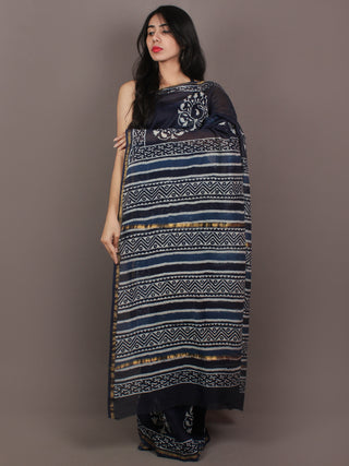 Indigo Ivory Blue Hand Block Printed in Natural Colors Chanderi Saree - S031701092