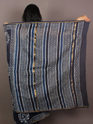Indigo Ivory Blue Hand Block Printed in Natural Colors Chanderi Saree - S031701092