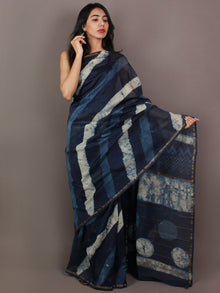 Indigo Blue Ivory Blue Hand Block Printed in Natural Colors Chanderi Saree - S031701093