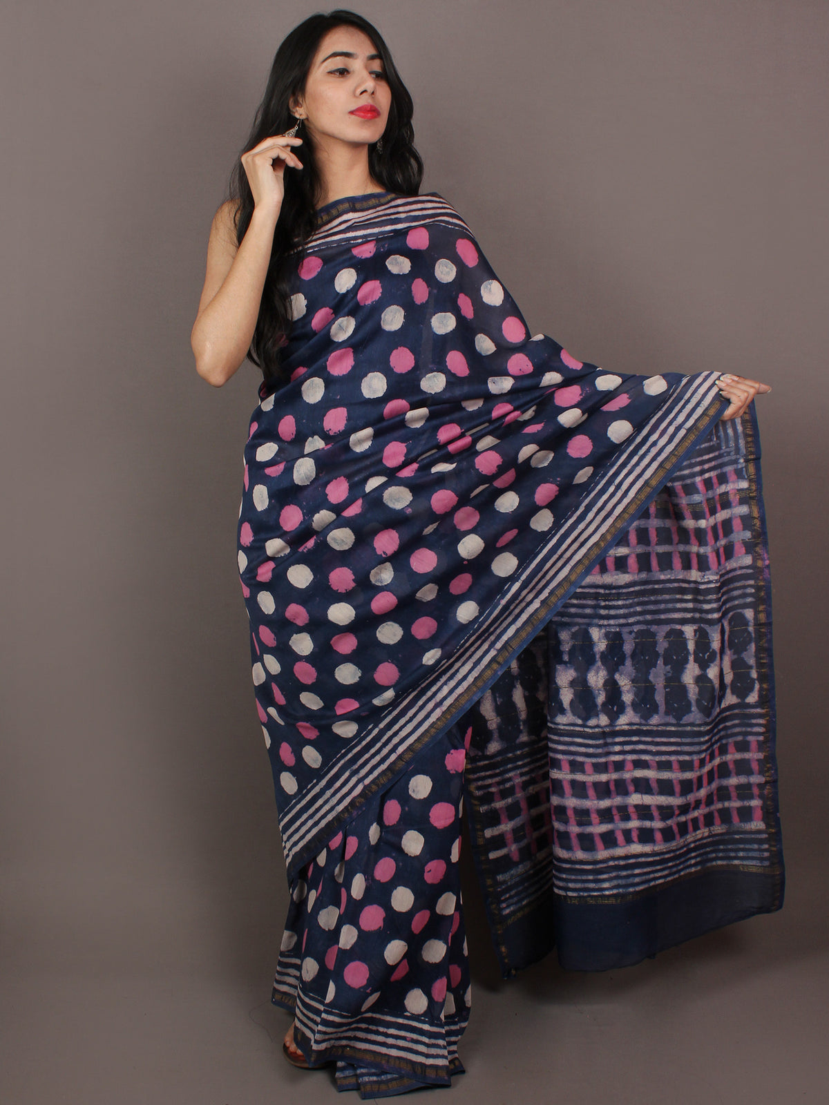 Indigo Purple Ivory Hand Block Printed in Natural Colors Chanderi Saree - S031701094
