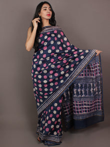 Indigo Purple Ivory Hand Block Printed in Natural Colors Chanderi Saree - S031701094