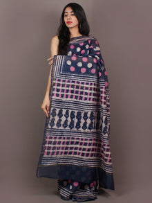 Indigo Purple Ivory Hand Block Printed in Natural Colors Chanderi Saree - S031701094