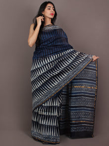 Indigo Blue Ivory Hand Block Printed in Natural Colors Chanderi Saree - S031701095
