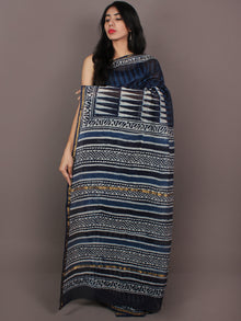 Indigo Blue Ivory Hand Block Printed in Natural Colors Chanderi Saree - S031701095