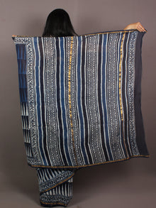 Indigo Blue Ivory Hand Block Printed in Natural Colors Chanderi Saree - S031701095
