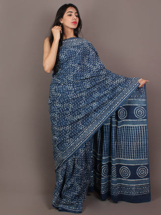 Indigo Ivory Hand Block Printed in Natural Colors Cotton Mul Saree - S031701096