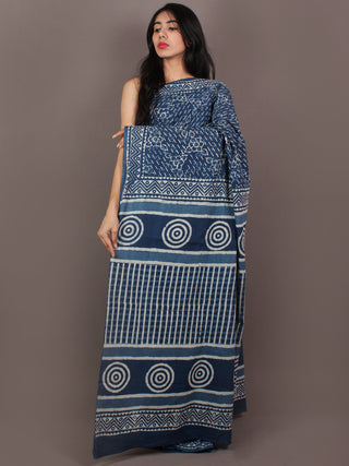 Indigo Ivory Hand Block Printed in Natural Colors Cotton Mul Saree - S031701096