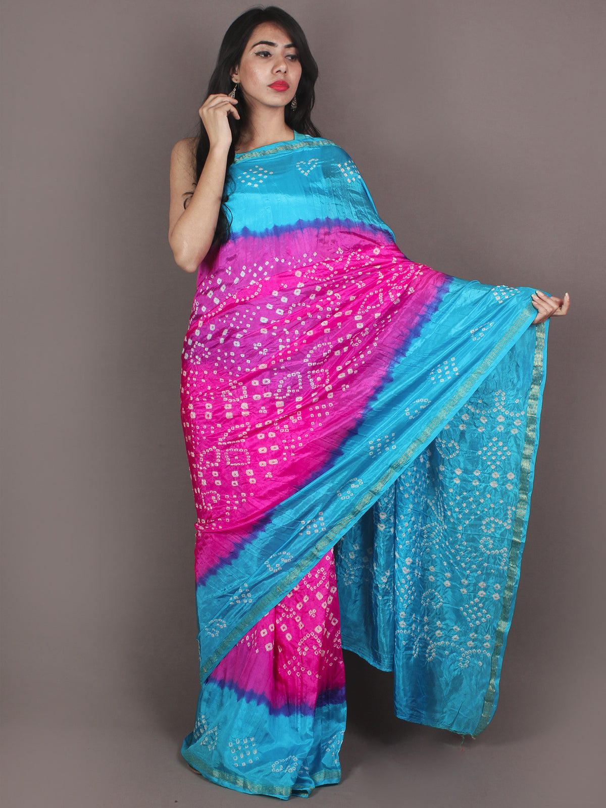 Pink Sky Blue Ivory Hand Tie & Dye Bandhej Art Silk Saree - S031701097