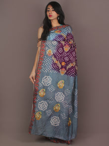 Purple Grey Ivory Hand Tie & Dye Bandhej Gadwal Silk Saree With Embroidery - S031701099