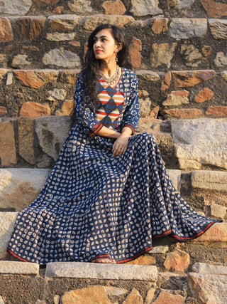 Indigo White Maroon Hand Block Cotton Dress Voluminous Flare