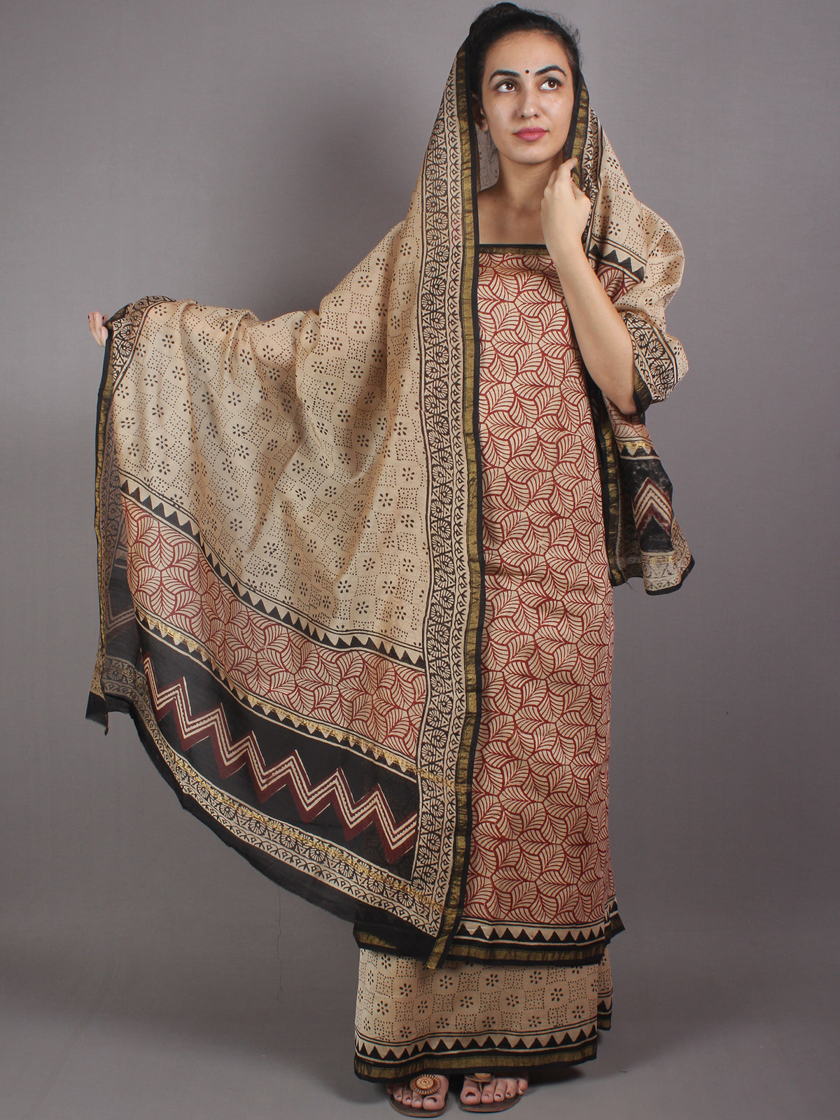 Beige Black Red Hand Block Printed Chanderi Kurta-Salwar Fabric With Chanderi Dupatta - S1628025