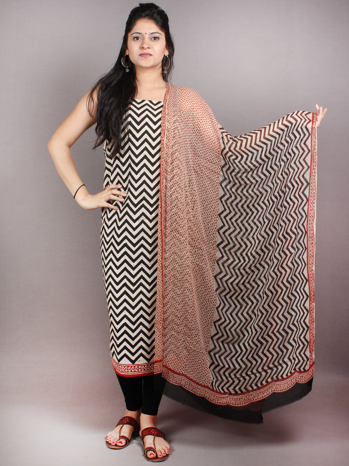 Red Beige Black Hand Block Printed Cotton Suit-Salwar Fabric With Chiffon Dupatta - S1628051