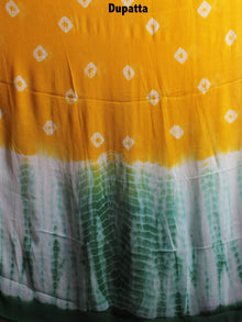 White Green Yellow Hand Shibori Dyed Cotton Suit-Salwar Fabric With Chiffon Dupatta - S1628103