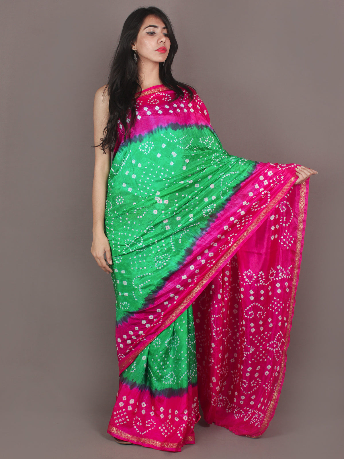 Pink Green Ivory Hand Tie & Dye Bandhej Art Silk Saree - S031701100
