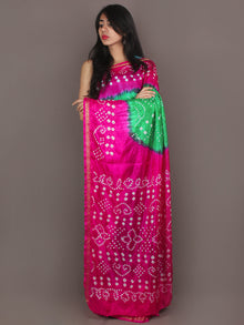 Pink Green Ivory Hand Tie & Dye Bandhej Art Silk Saree - S031701100