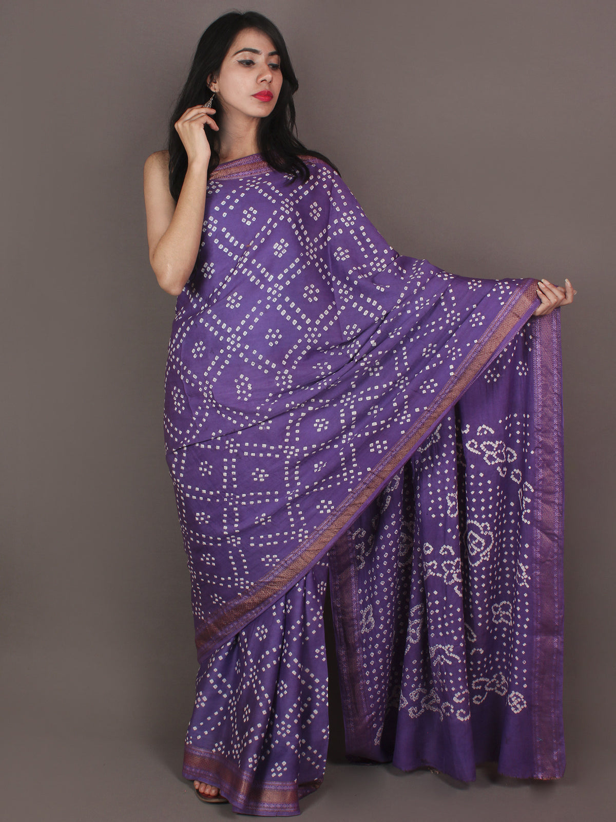 Purple Ivory Hand Tie & Dye Bandhej Glace Cotton Saree With Resham Border - S031701101