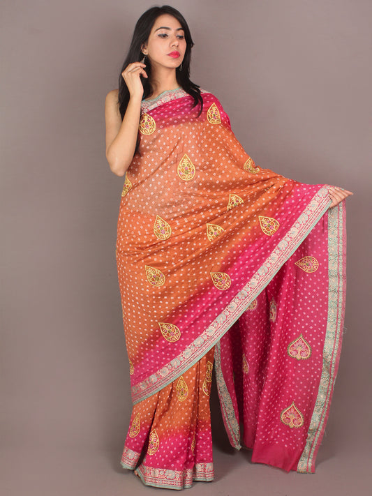 Apricot Pink Ivory Hand Tie & Dye Bandhej Gadwal Silk Saree With Embroidery - S031701102