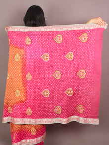 Apricot Pink Ivory Hand Tie & Dye Bandhej Gadwal Silk Saree With Embroidery - S031701102
