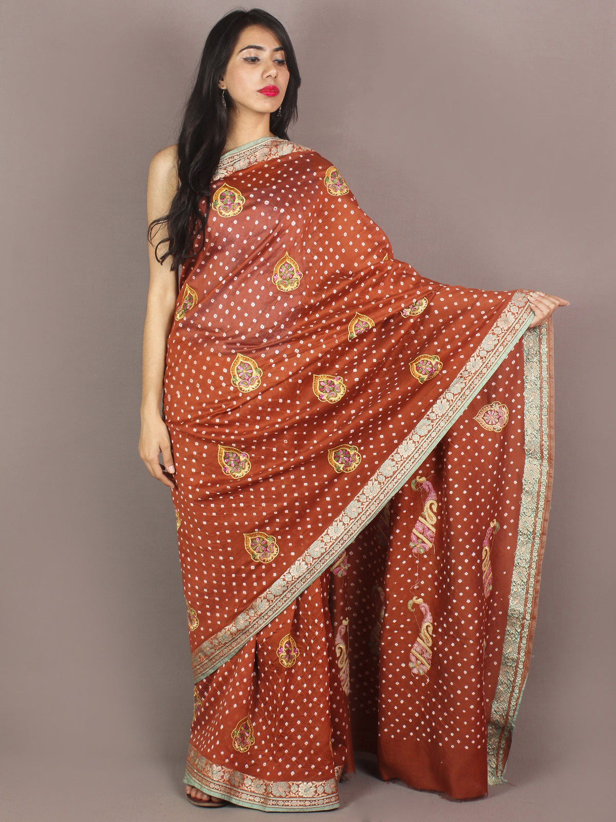 Rust Brown Ivory Hand Tie & Dye Bandhej Gadwal Silk Saree With Embroidery - S031701103