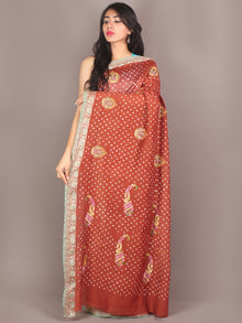 Rust Brown Ivory Hand Tie & Dye Bandhej Gadwal Silk Saree With Embroidery - S031701103