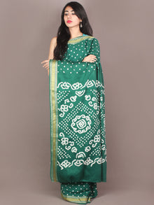 Dark Green Ivory Hand Tie & Dye Bandhej Glace Cotton Saree With Resham Border - S031701104
