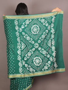 Dark Green Ivory Hand Tie & Dye Bandhej Glace Cotton Saree With Resham Border - S031701104
