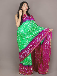 Purple Green Ivory Hand Tie & Dye Bandhej Art Silk Saree - S031701105