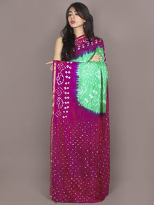 Purple Green Ivory Hand Tie & Dye Bandhej Art Silk Saree - S031701105