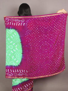 Purple Green Ivory Hand Tie & Dye Bandhej Art Silk Saree - S031701105