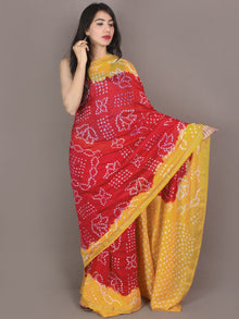 Yellow Red Ivory Hand Tie & Dye Bandhej Art Silk Saree - S031701106