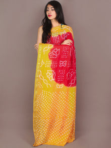 Yellow Red Ivory Hand Tie & Dye Bandhej Art Silk Saree - S031701106