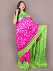 Green Pink Ivory Hand Tie & Dye Bandhej Art Silk Saree - S031701107