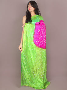 Green Pink Ivory Hand Tie & Dye Bandhej Art Silk Saree - S031701107