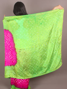 Green Pink Ivory Hand Tie & Dye Bandhej Art Silk Saree - S031701107